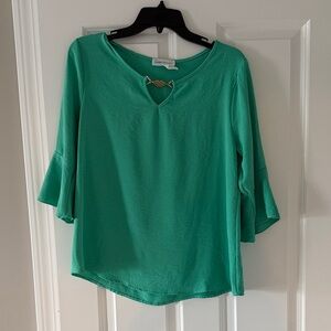 Women’s Teal Ruffle Sleeve Blouse with Decorative Neck Detail